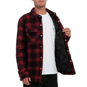 Volcom Men's Bowered Polar Fleece Flannel Jacket in Port, Quilted Lining- Size L